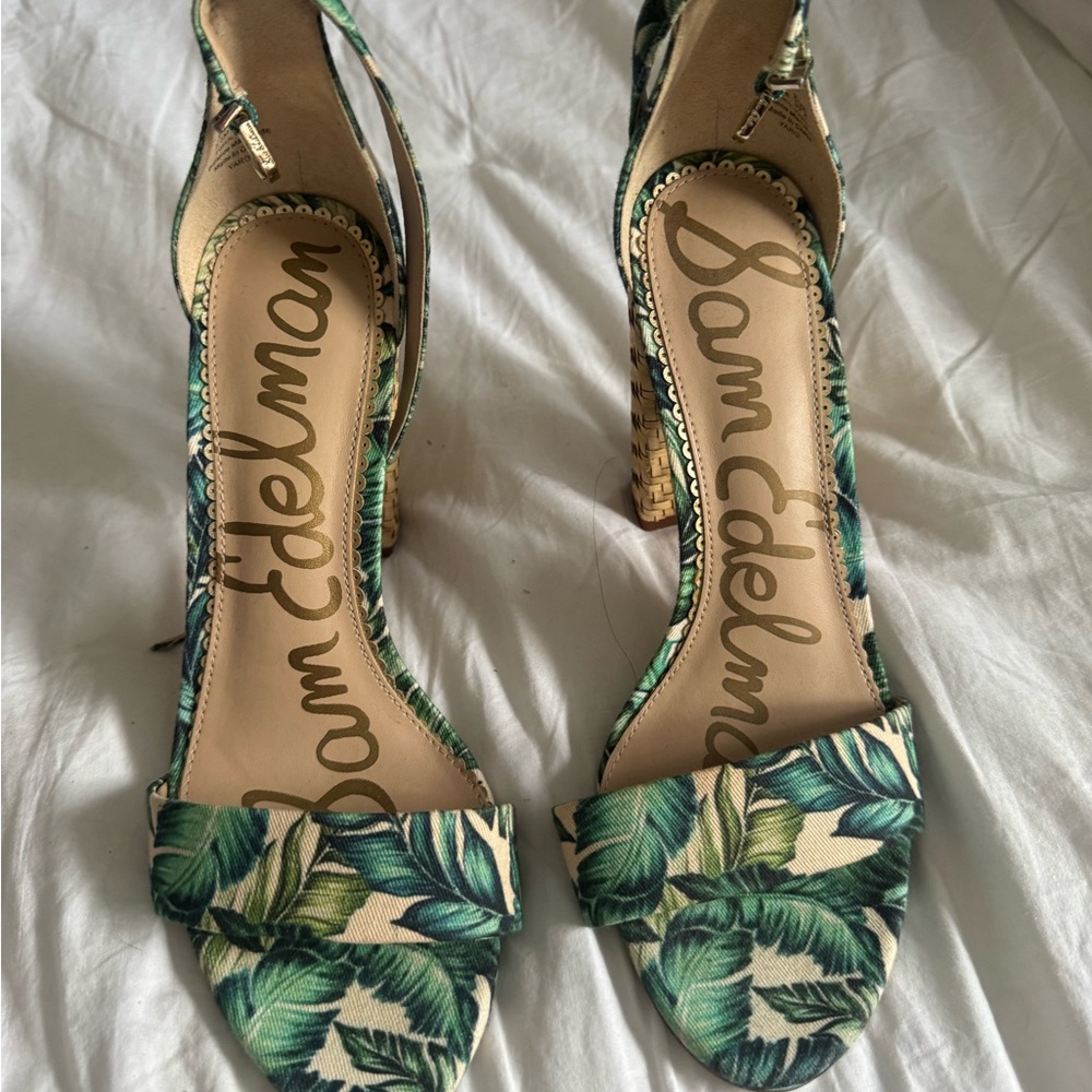 Sam Edelman Woven Block Heel Sandals in Green Leaf Print - Picture 2 of 3